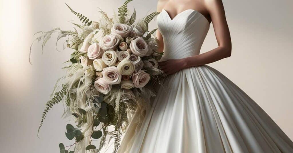 Bride holding a large cascading bouquet, complementing a full-skirted wedding gown.