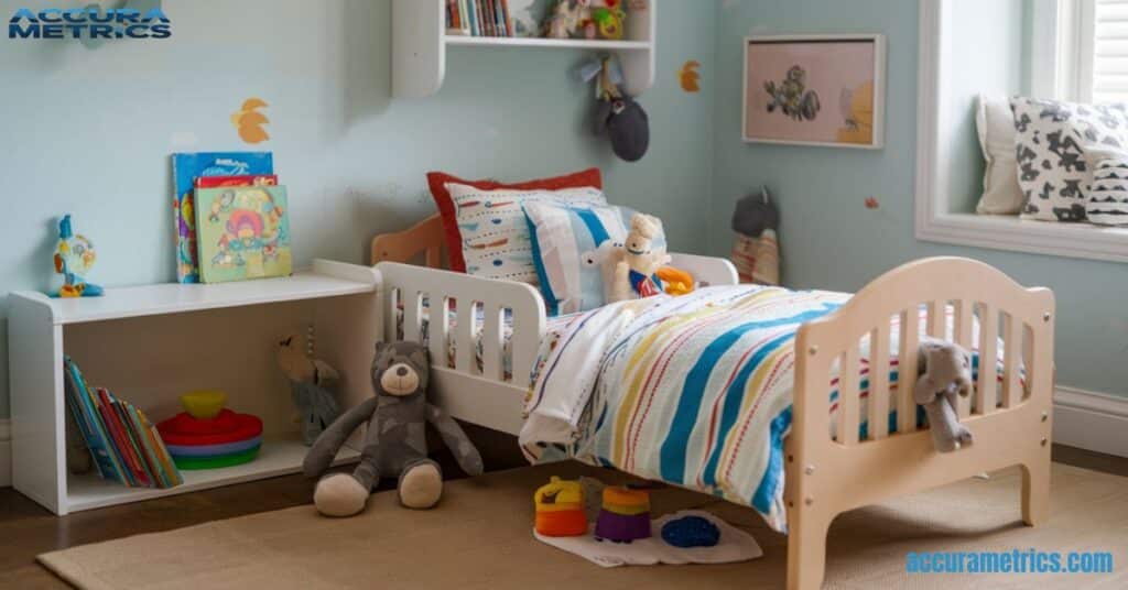 3 feet wide Brightly decorated toddler bed in a cheerful bedroom setting.