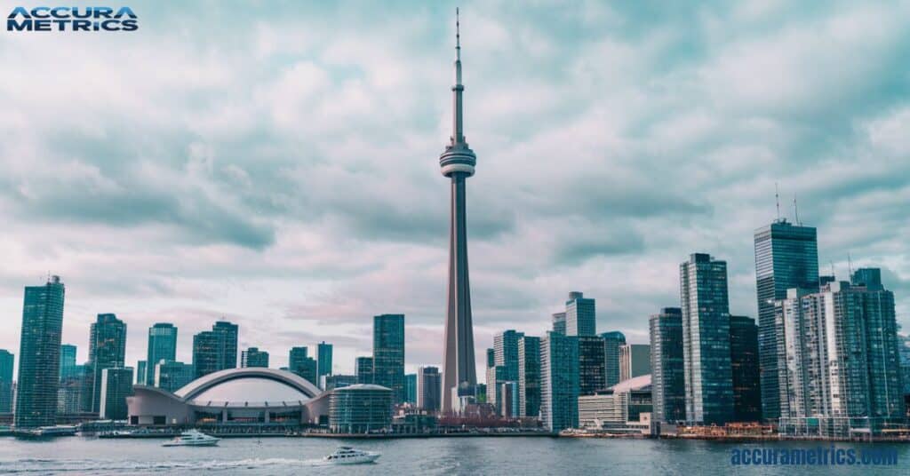 CN Tower in Toronto, standing 553.3 meters tall, slightly surpassing the 500 meter mark.