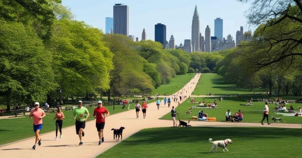 Scenic view of Central Park with greenery and the NYC skyline in the background.