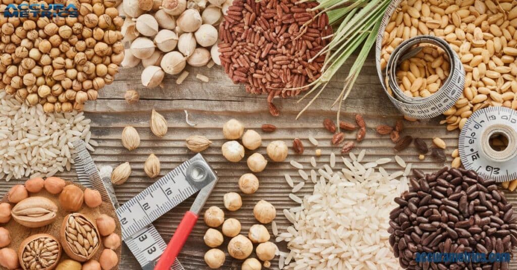 Collage of barleycorns, poppyseeds, rice grains, and carob seeds on a rustic wooden background with measuring tools.