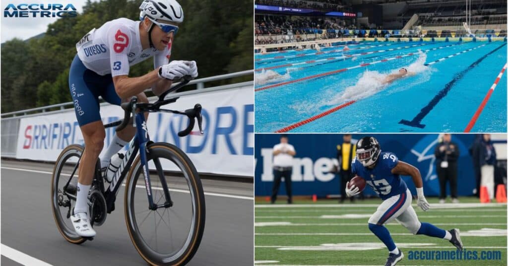 Collage of sports cyclist racing, swimmer in an Olympic pool, and NFL player running, illustrating distances of 500 kilometers