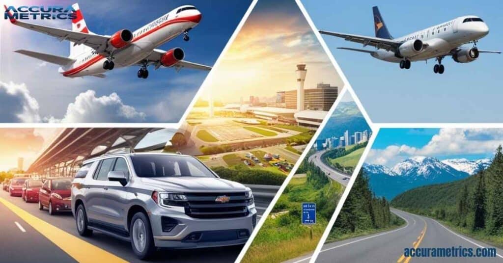 Collage of transportation modes, featuring an airplane, airport, and a scenic drive.