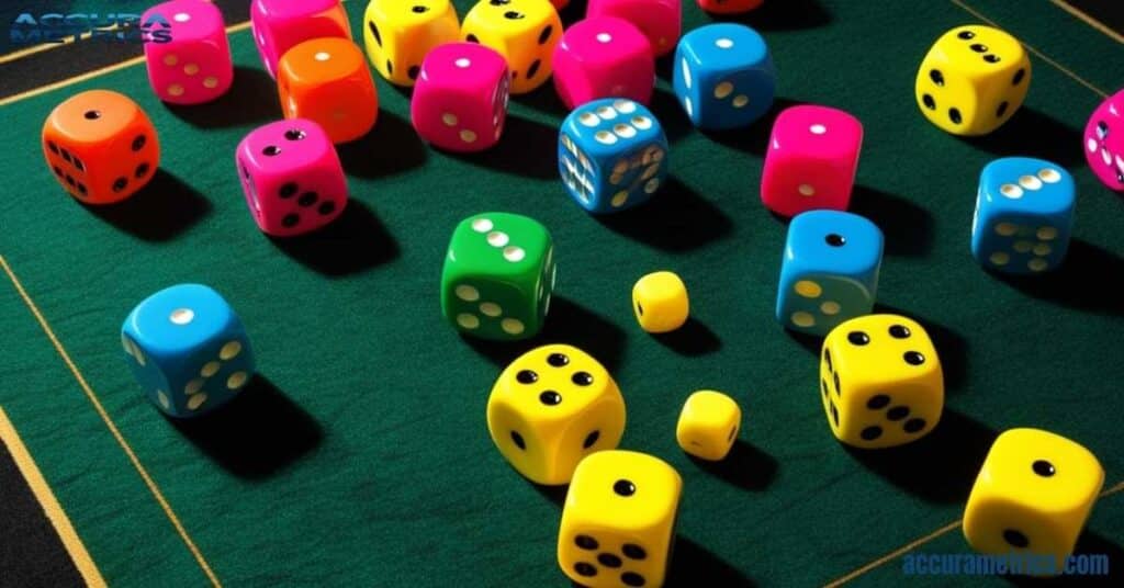 Colorful dice displayed on a green felt gaming table, each measuring approximately 2 centimeters.