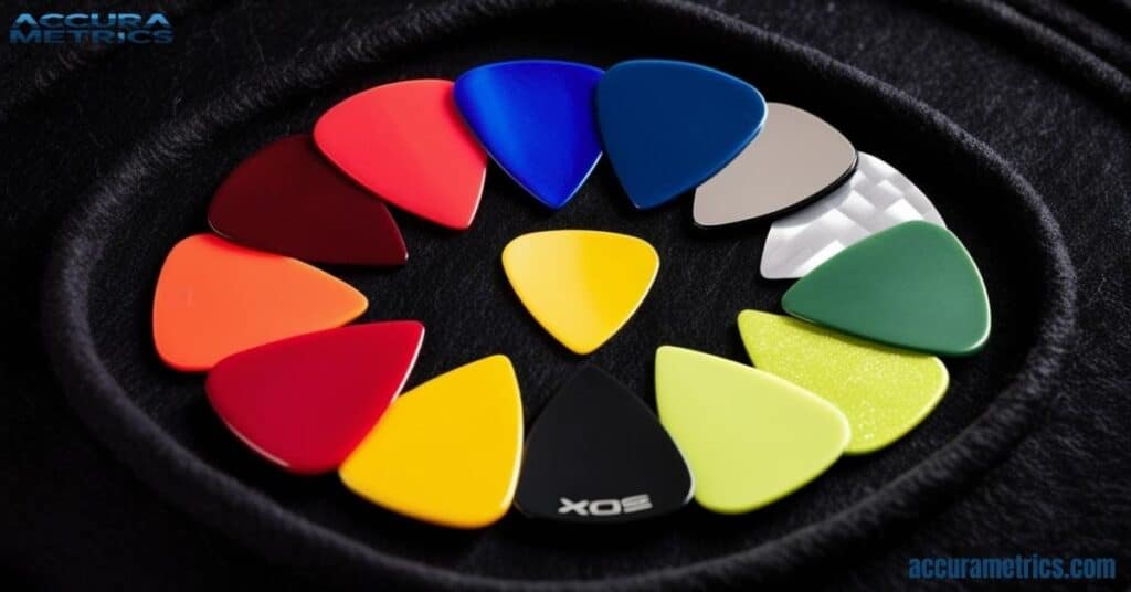 Colorful guitar picks displayed in a fan shape on black felt, each about 2 centimeters in length