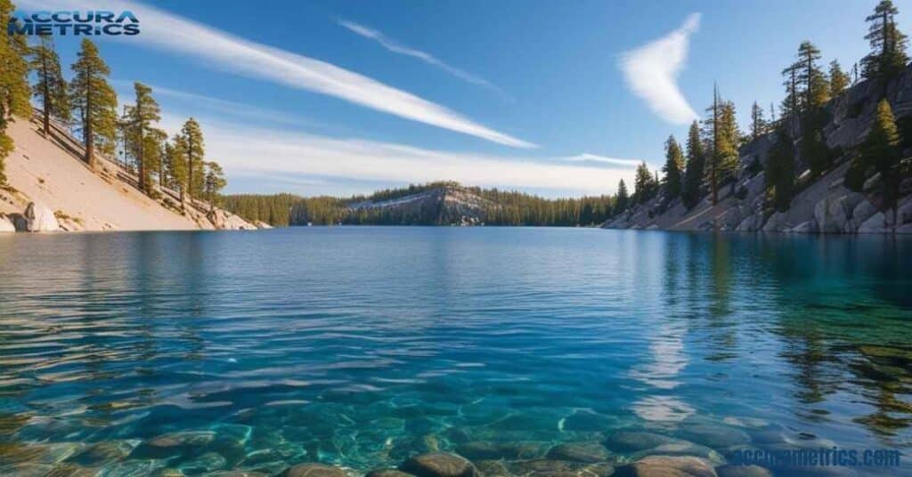 The calm waters of Crater Lake, as wide as a 50 mile journey across a scenic region.