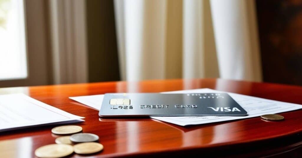 Credit card resting on a table with natural light.