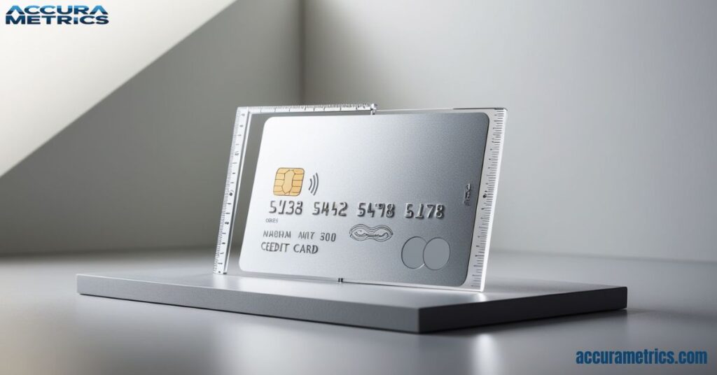 Credit card with diagonal measurement illustrated.