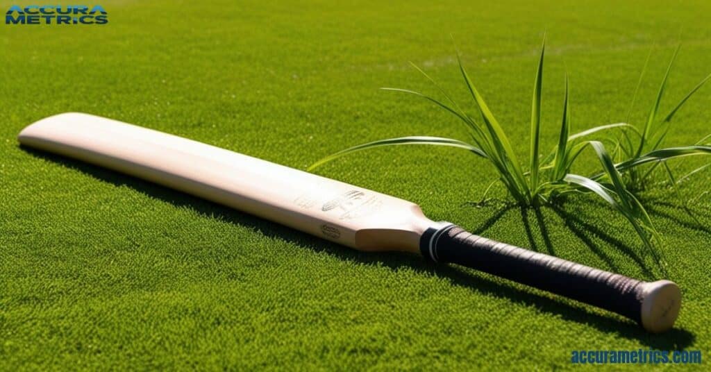 Cricket bat lying on grass, nearly 1 meter long.