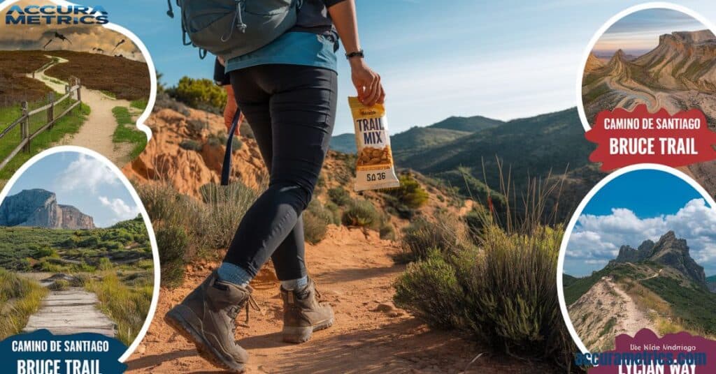 A hiker with a backpack holds a snack showing calories, with famous 500 km trails in the background.