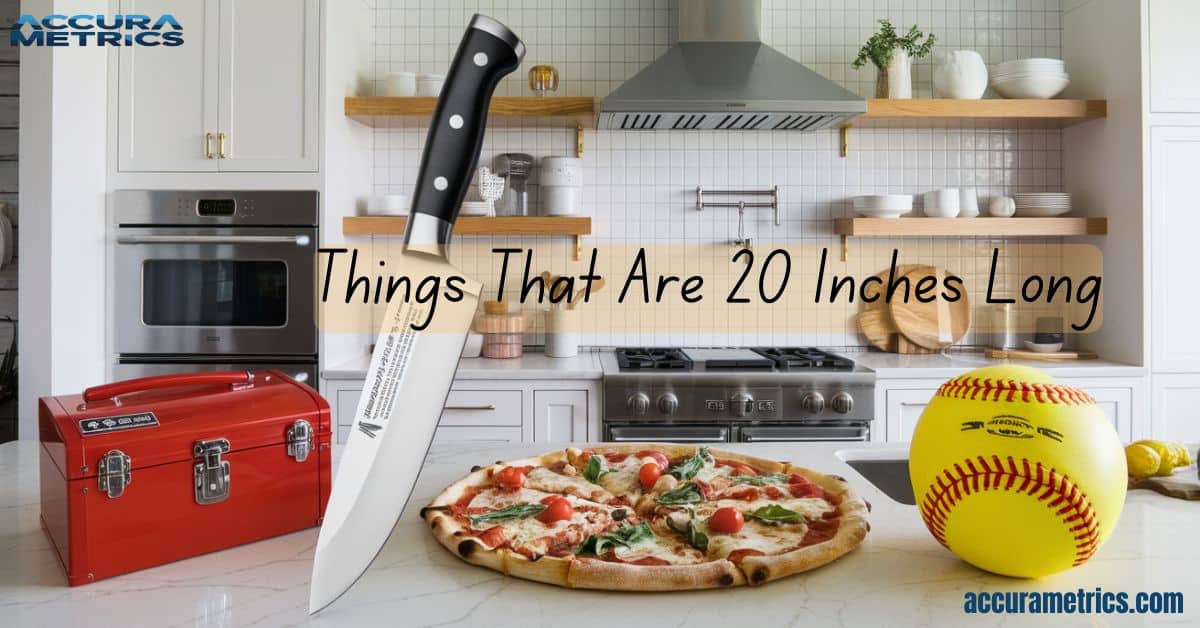 Four objects displayed in a stylish kitchen: chef's knife, red toolbox, large pizza, and softball bat."