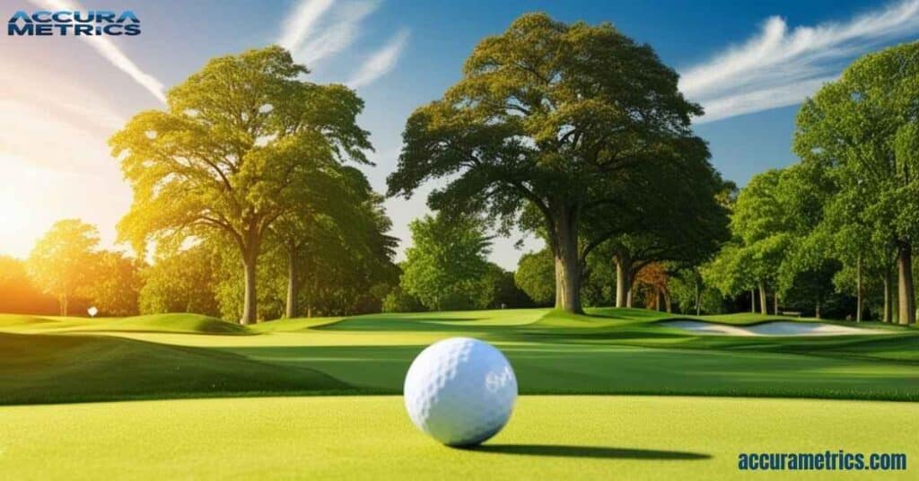 Golf ball positioned on lush green grass on a sunny golf course.