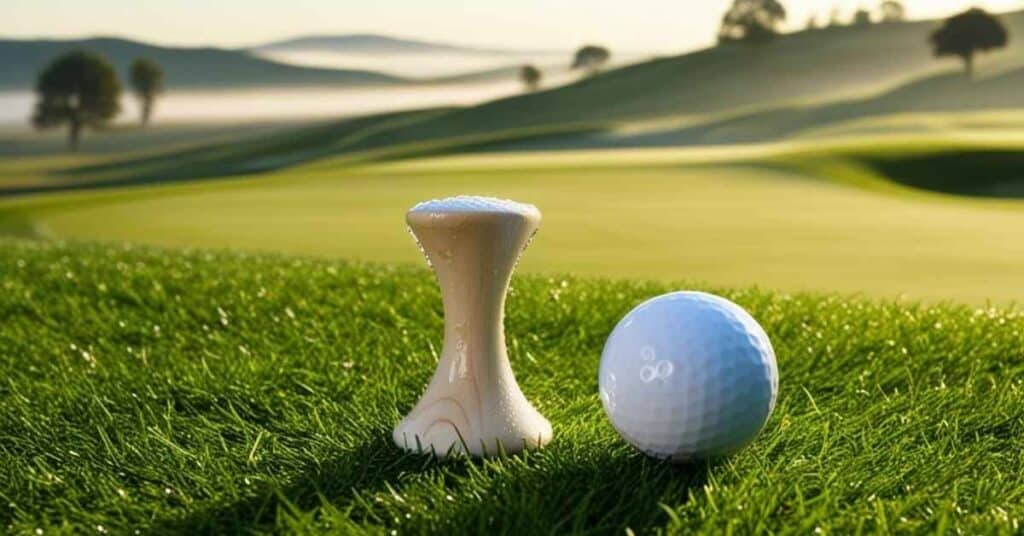 Golf tee and golf ball on grass with a blurred golf course background.