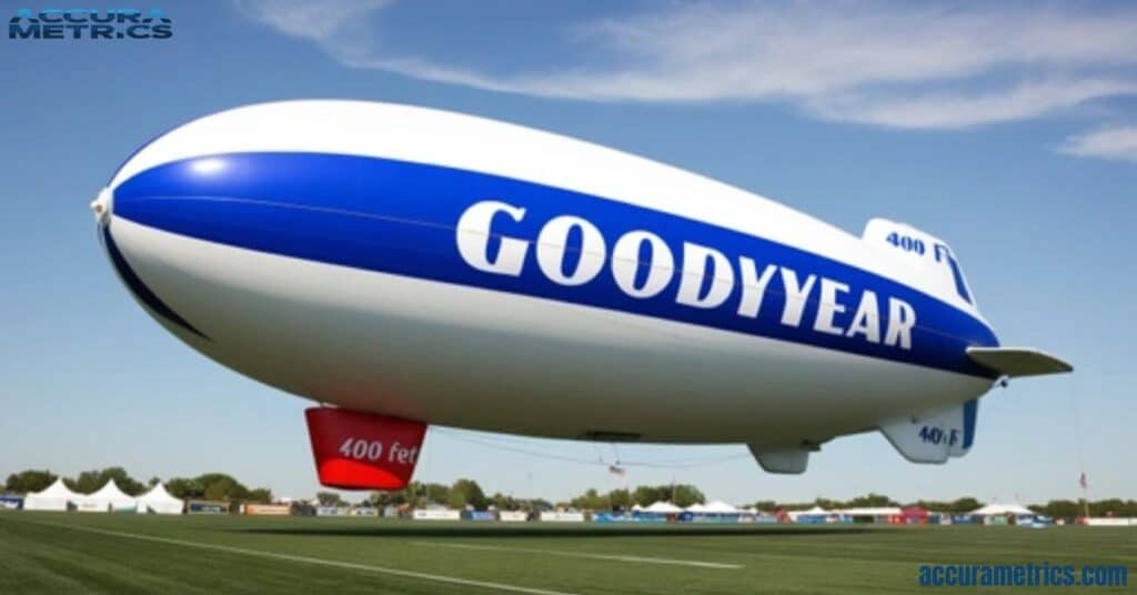 Goodyear Blimps in the sky, together measuring approximately 400 feet, with a lively park and sporting event below.