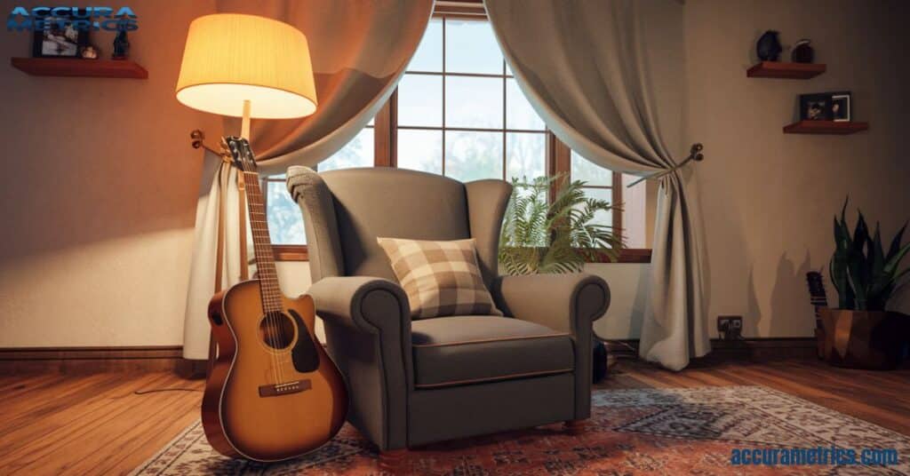 Guitar measuring one meter in length placed next to an armchair in a living room.