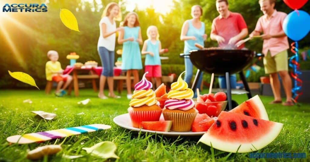 Half of a popsicle stick next to colorful desserts at a cheerful barbecue.