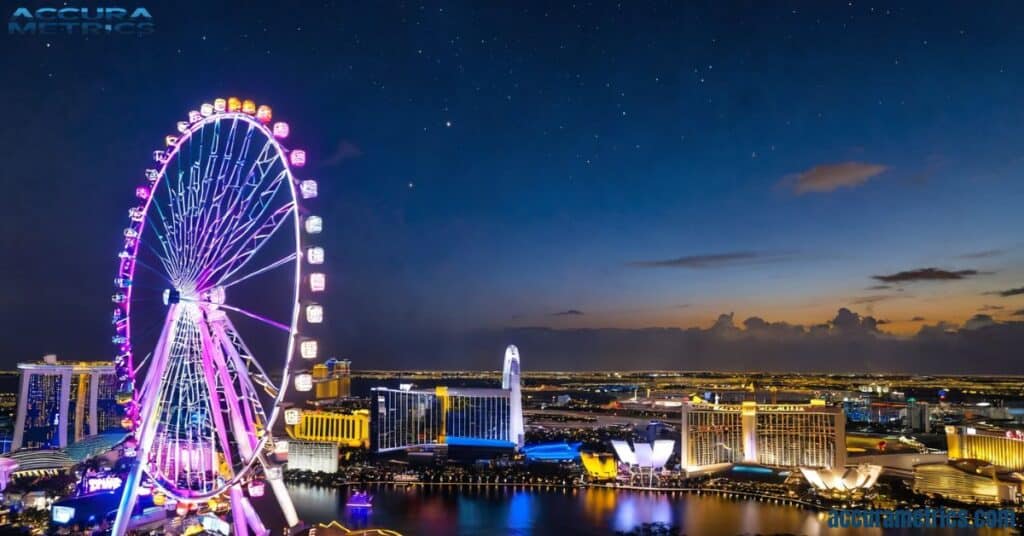 A vibrant night view of the High Roller and Singapore Flyer Ferris wheels, both towering structures that highlight the concept of 400 feet in height against a bustling city skyline.