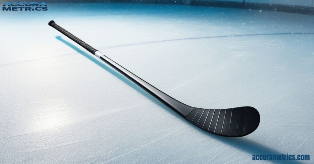 Ice hockey stick on an ice rink, approximately 1 meter long.