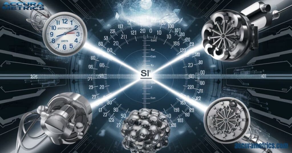 Illustration of modern precision in the SI system, featuring atomic standards, atomic clocks, and nanotechnology in measurement.