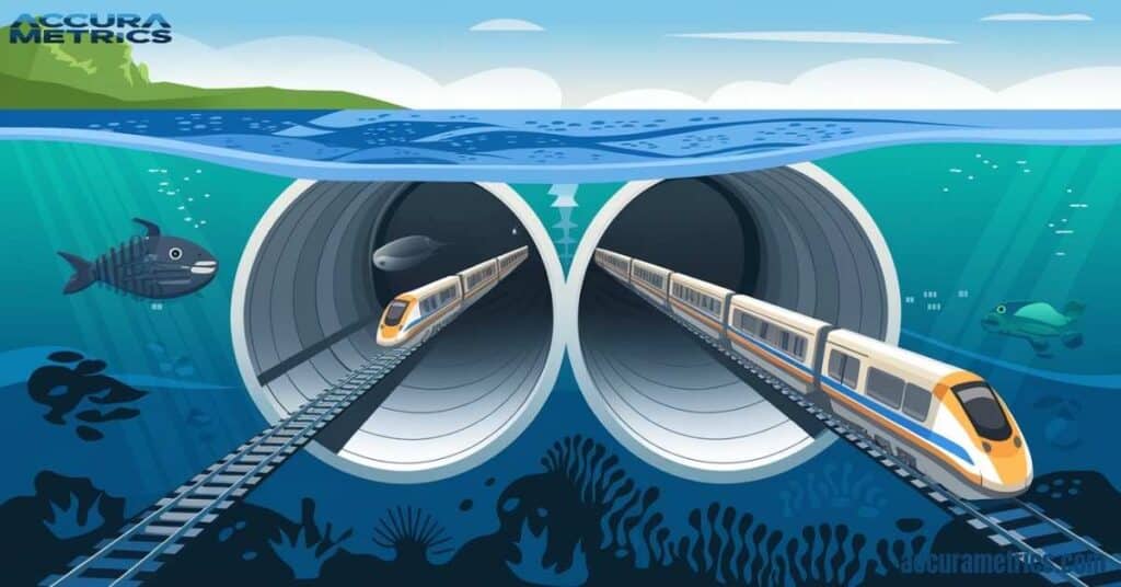 Illustration of the Channel Tunnel and its three tunnels under the English Channel.