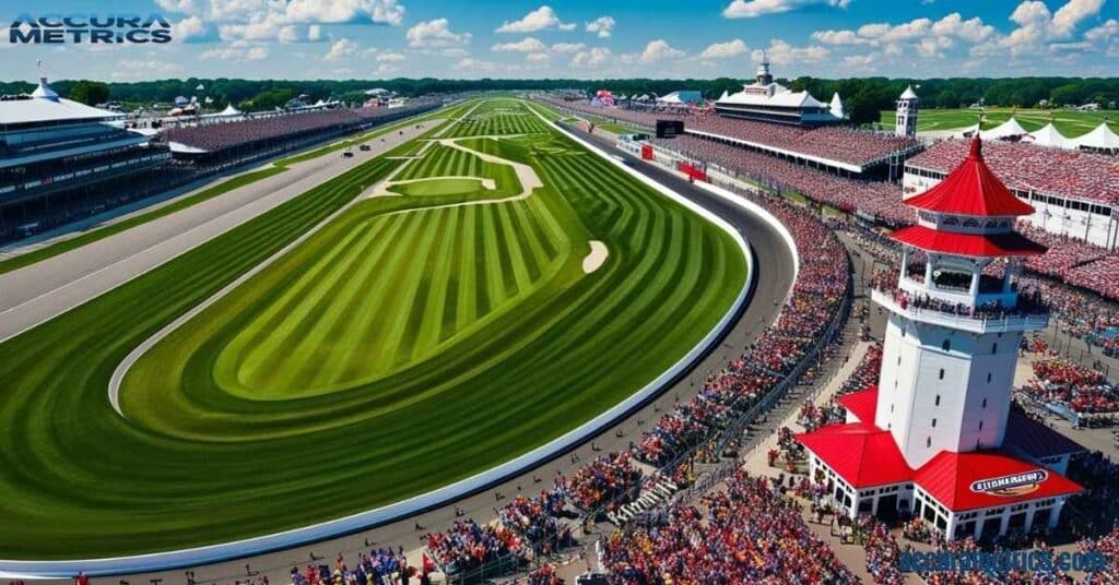 Birds eye view of the Indianapolis Motor Speedway, a 2.5-mile oval track, featuring the infield golf course, Brickyard Crossing.