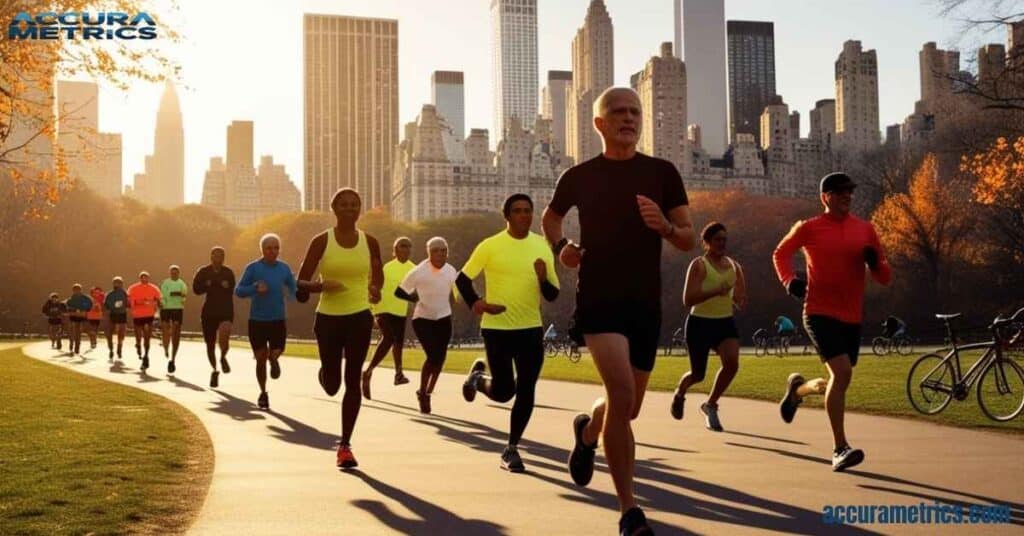 Joggers running in Central Park, completing laps to visualize a 50 mile journey.