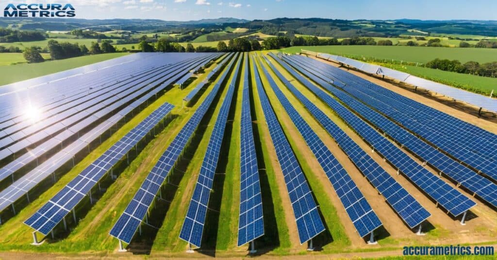 5 meter long solar panels in a sunny field, demonstrating solar energy harnessing.