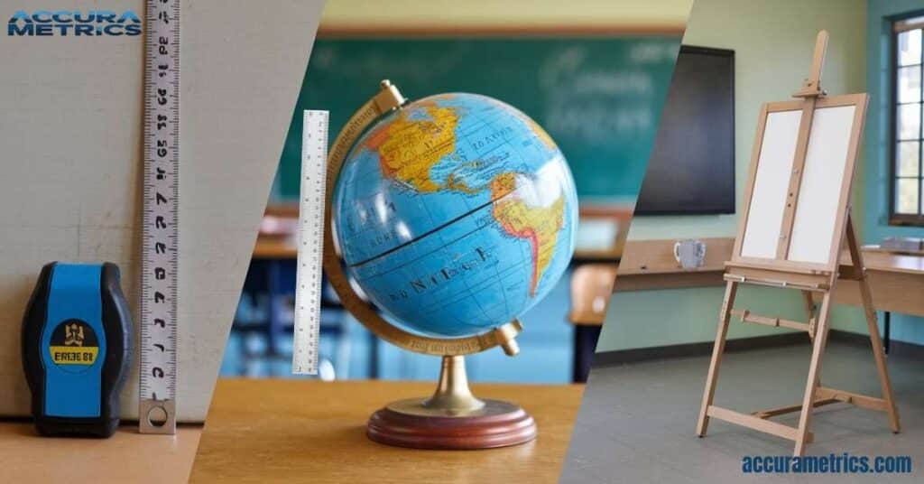 Collage of ruler, globe, and easel, highlighting educational items around this length.