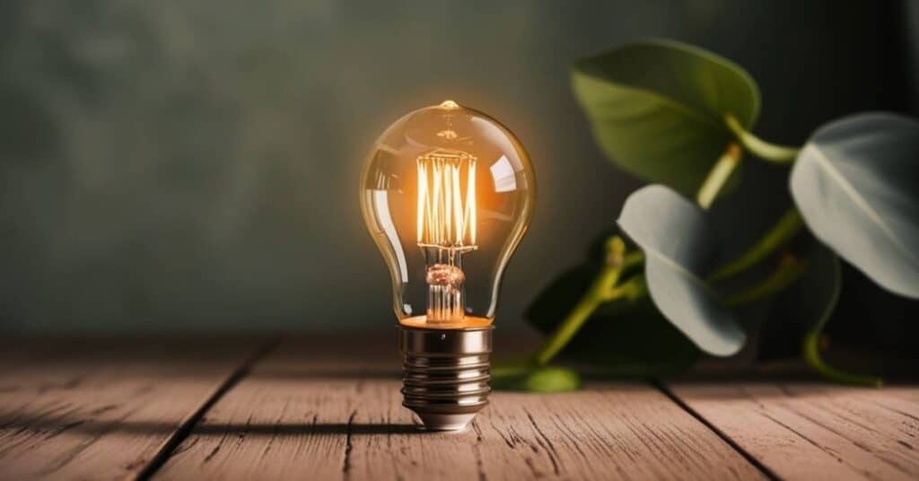 Light bulb with its base in focus on a wooden table with greenery.