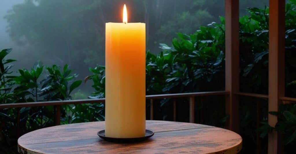 Lit pillar candle on a rustic table with an outdoor background.