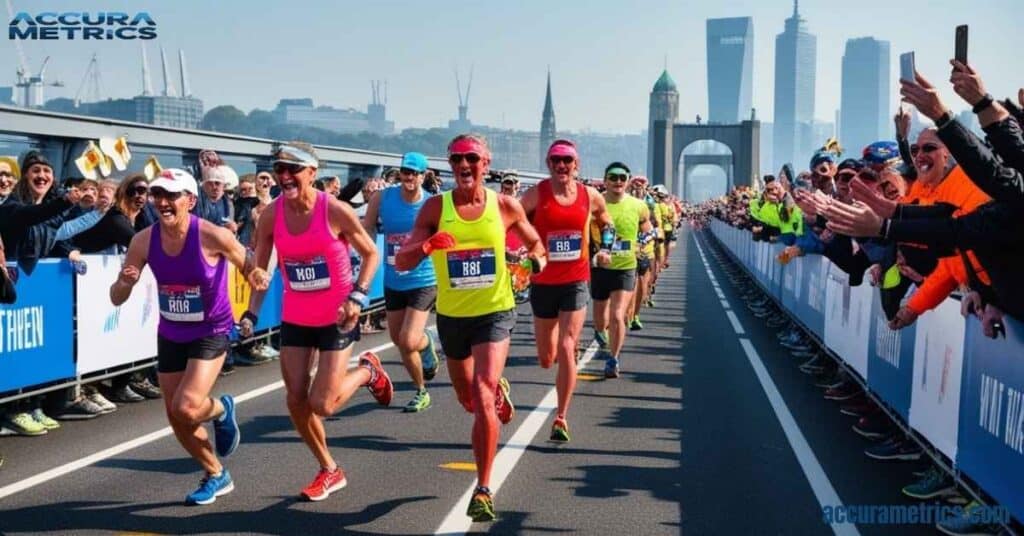 Marathon runners crossing a bridge, doubling the distance of two 50 mile marathons.