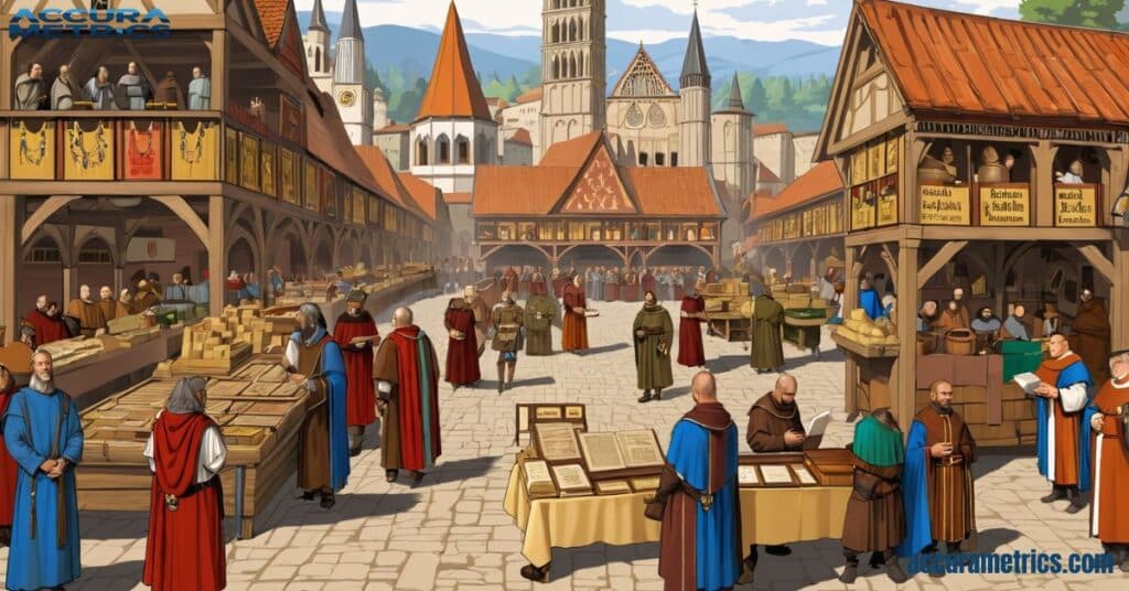 Medieval scene showing different measurement systems across Europe with feudal lords, monks, and religious texts maintaining records in a bustling trade setting.