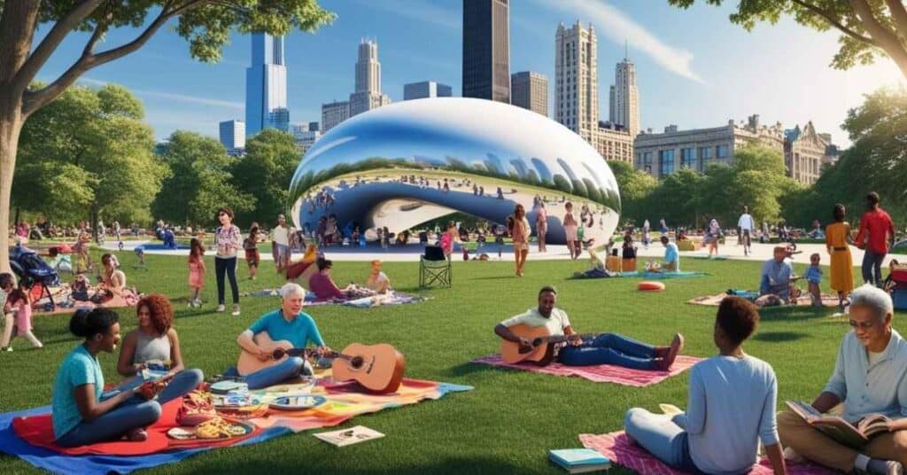 Visitors relaxing and enjoying activities at Millennium Park