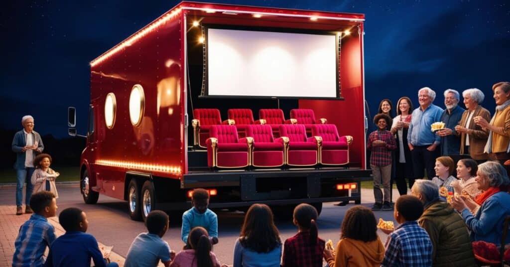 25 inches Mobile cinema truck with tiered seating, a large projection screen, and people gathered for a film screening.