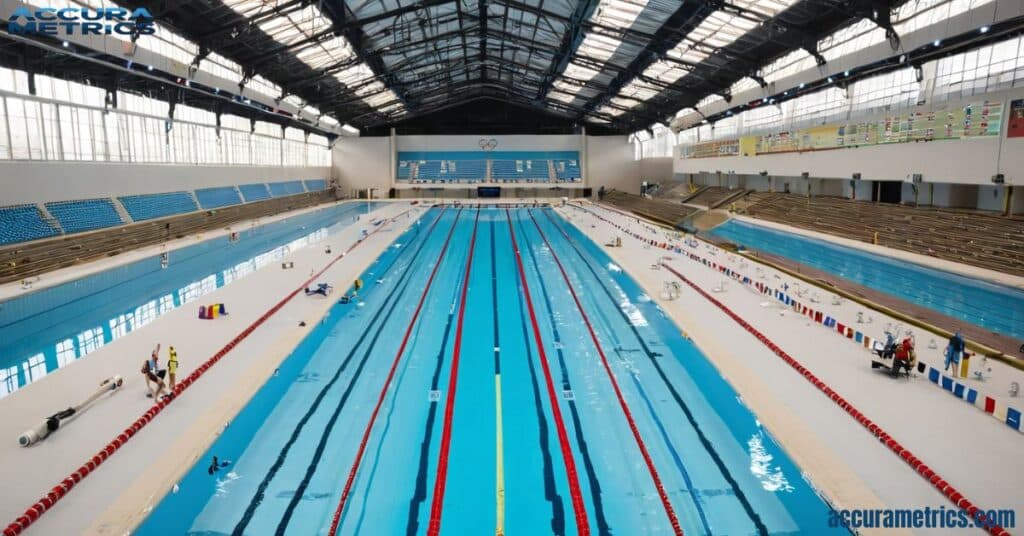 Olympic-size swimming pool, with swimmers in action, highlighting how swimming 8 laps covers slightly more than 400 feet.