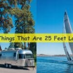 Outdoor scene with a sequoia tree (25 ft wide), Airstream trailer, and sailboat against a blue sky.