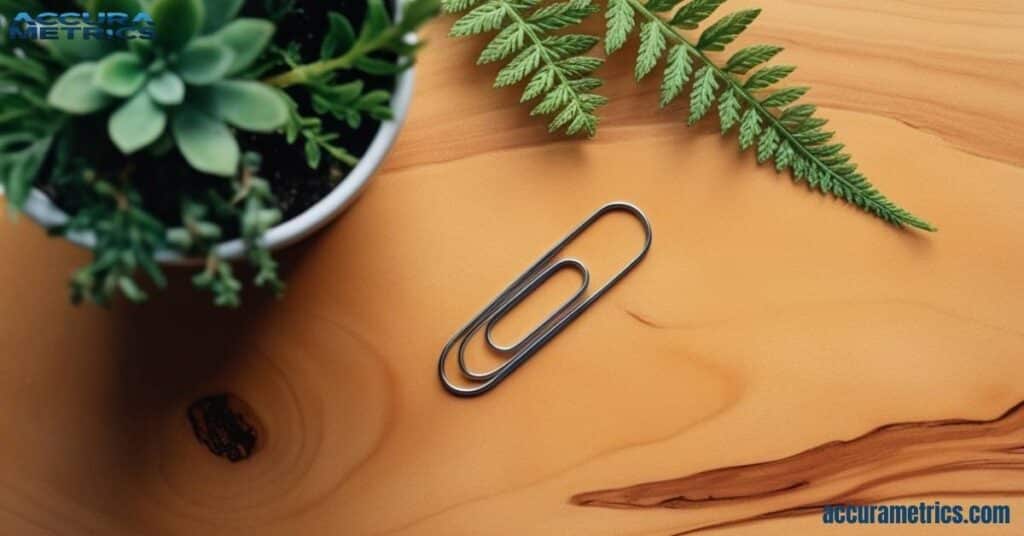 Paper clip resting on a wooden desk surrounded by greenery.