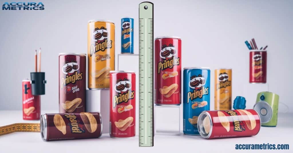 Pringles cans arranged to showcase various sizes, with a ruler