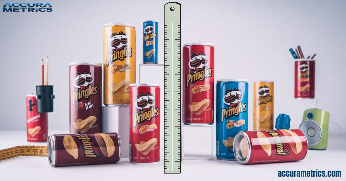 Pringles cans arranged to showcase various sizes, with a ruler