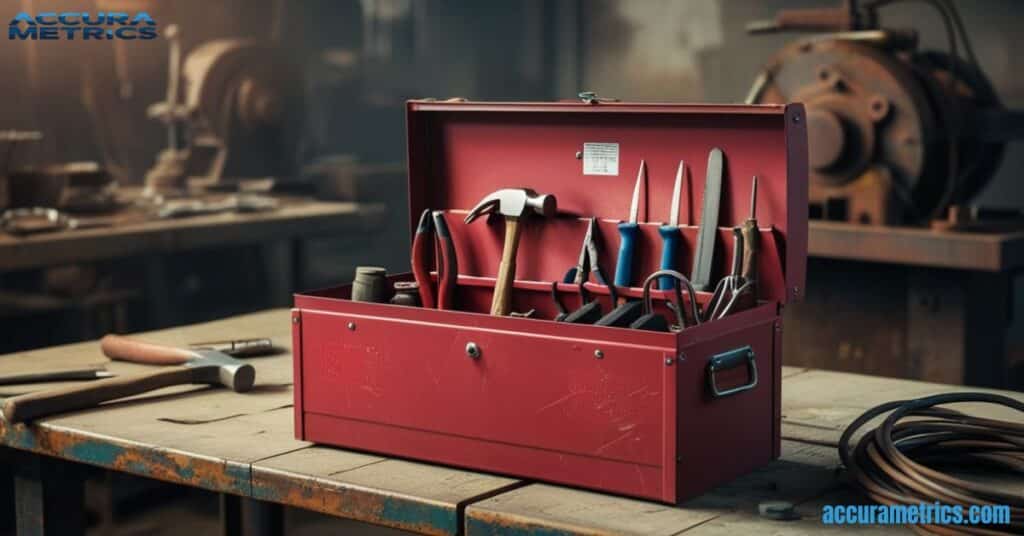 Red toolbox in a workshop.