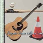 Collage of everyday objects that measure 3 feet long, including a yardstick, baseball bat, and acoustic guitar