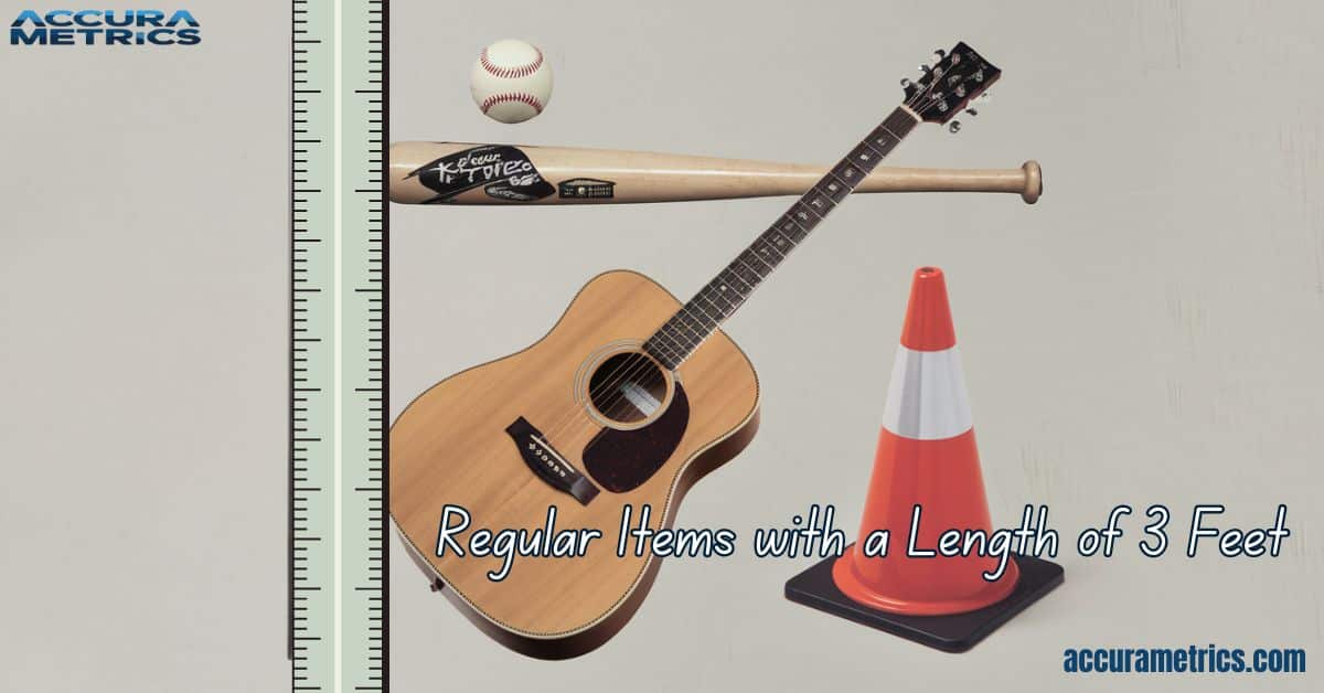 Collage of everyday objects that measure 3 feet long, including a yardstick, baseball bat, and acoustic guitar