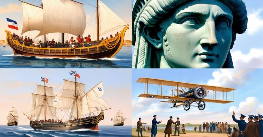 Three-part image a 25 feet Roman Liburnian warship, the Statue of Liberty's face, and the Wright brothers' aircraft taking off.