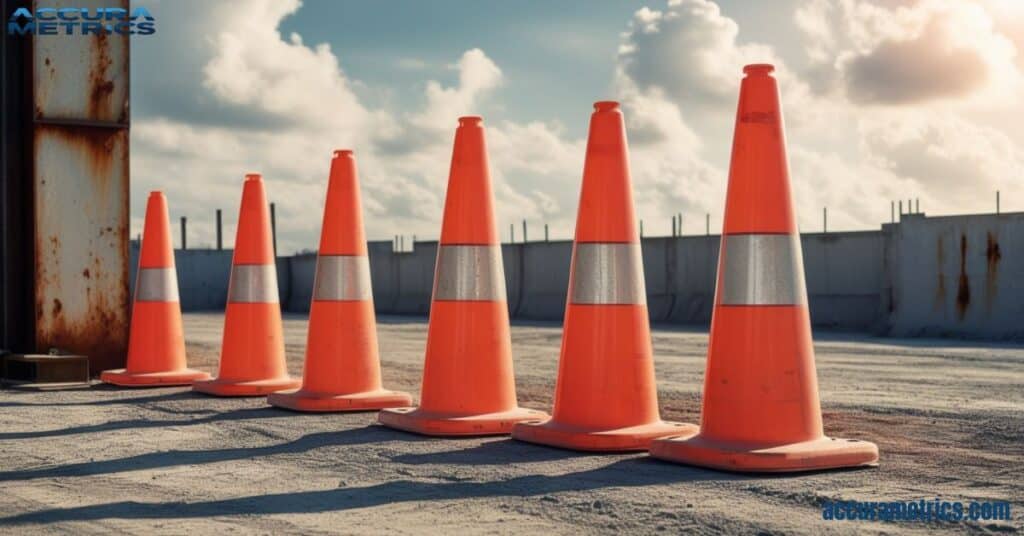 measuring 3 feet long, Row of traffic cones set against a construction site background.