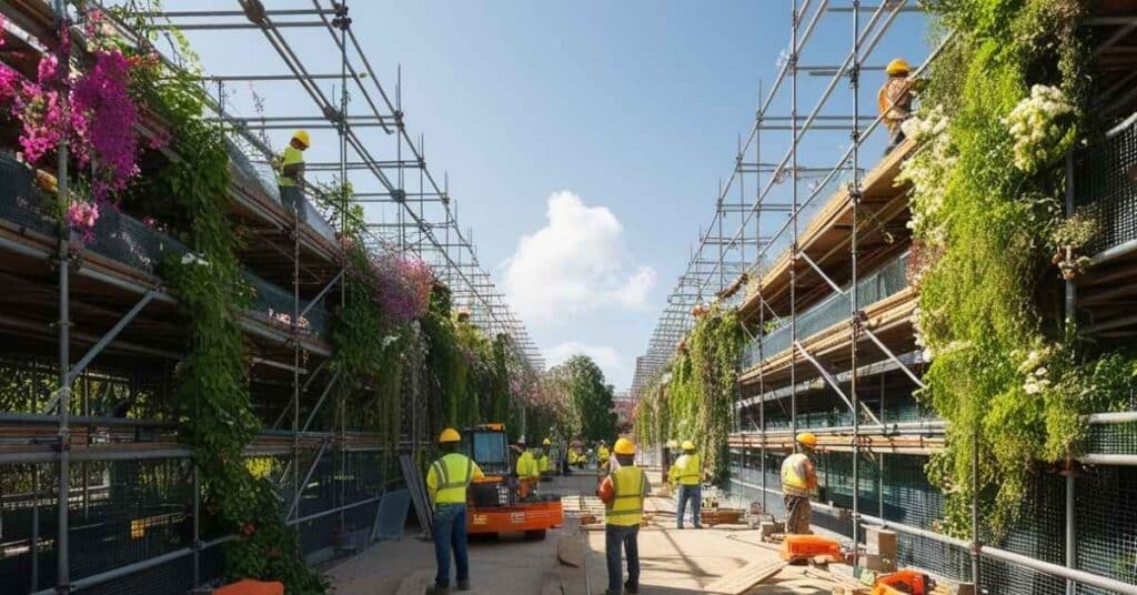 Scaffolding reaching heights of 10 feet showcases a construction project surrounded by lush foliage.