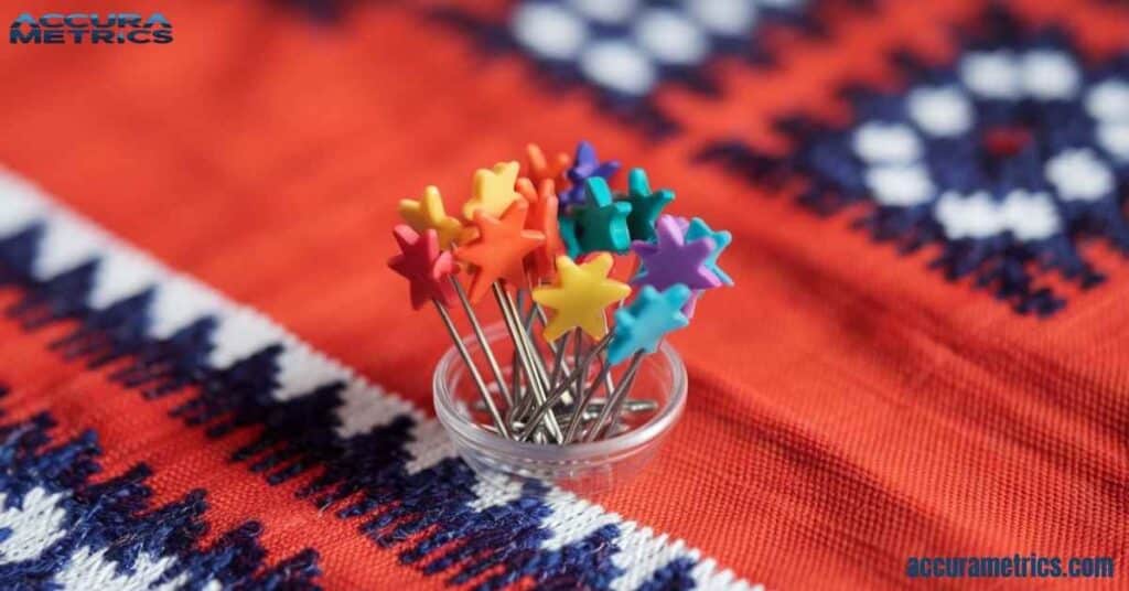 one inche Sewing pins in a container.