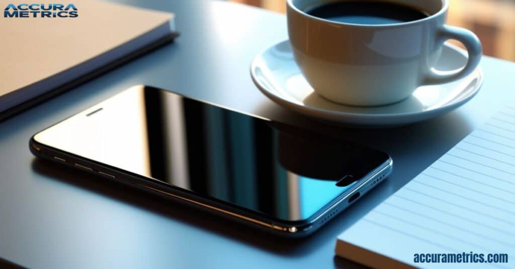 Smartphone on a desk, representing an item around 6 inches long.