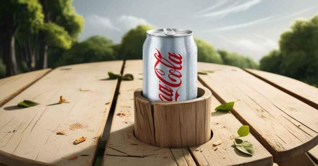 Soda can in a 2 inches cup holder on a wooden picnic table outdoors.