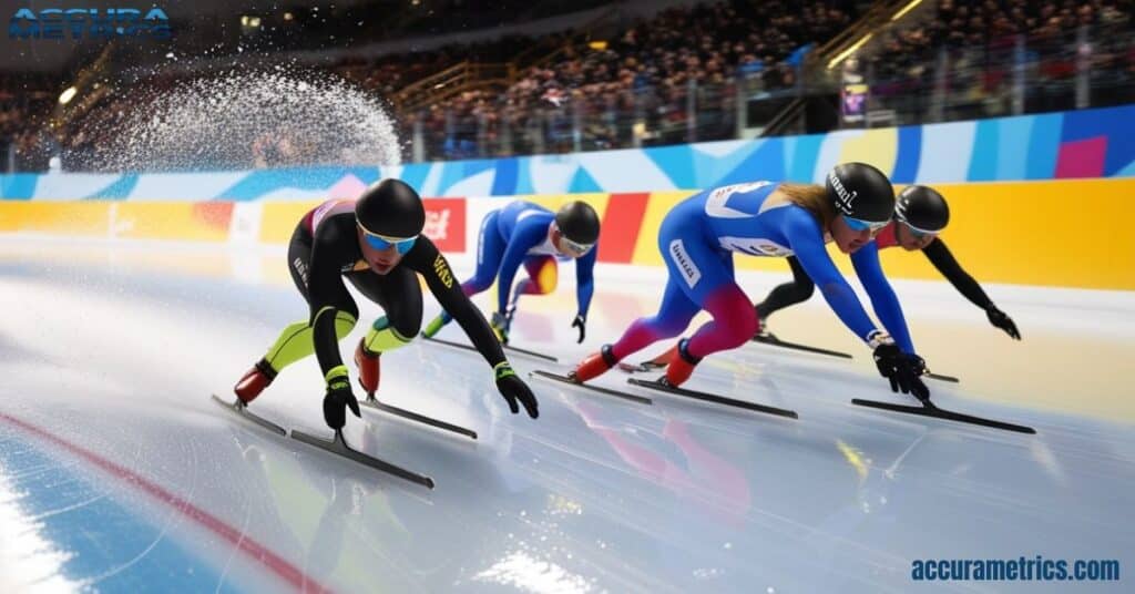 Speed skaters racing over a 500 meter track, highlighting world record times of 33 and 36 seconds.