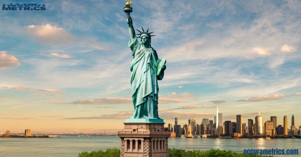 View of the Statue of Liberty from below, illustrating its height from the base to the tip of the torch.